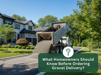 Gravel delivery in Vaughan with dump truck spreading stone for a driveway project